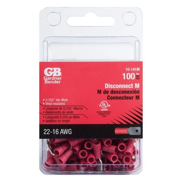 22-16 Ga. Insulated Wire Male Disconnect Red 100 Pk