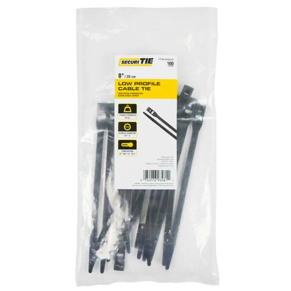 8 In. Low Profile Cable Tie, Black, 100PK