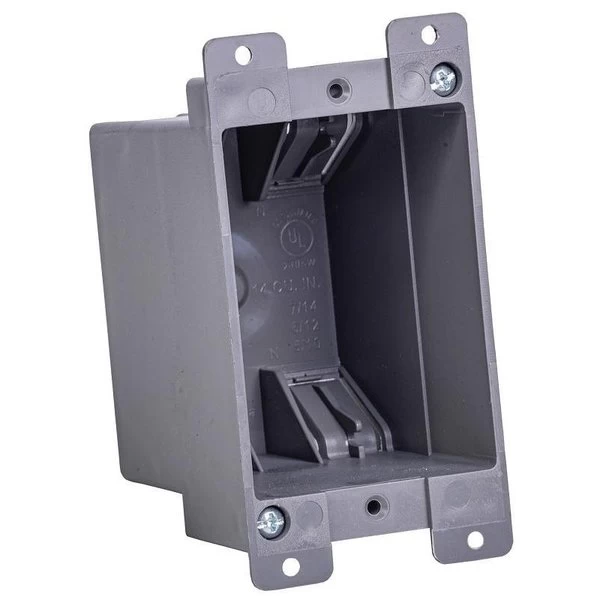 SwitchOutlet Box, Standard Outlet, 1Gang, 4Knockout, PVC, Gray, InWall Mounting