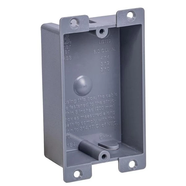 SwitchOutlet Box, Shallow Outlet, 1Gang, PVC, Gray, InWall Mounting